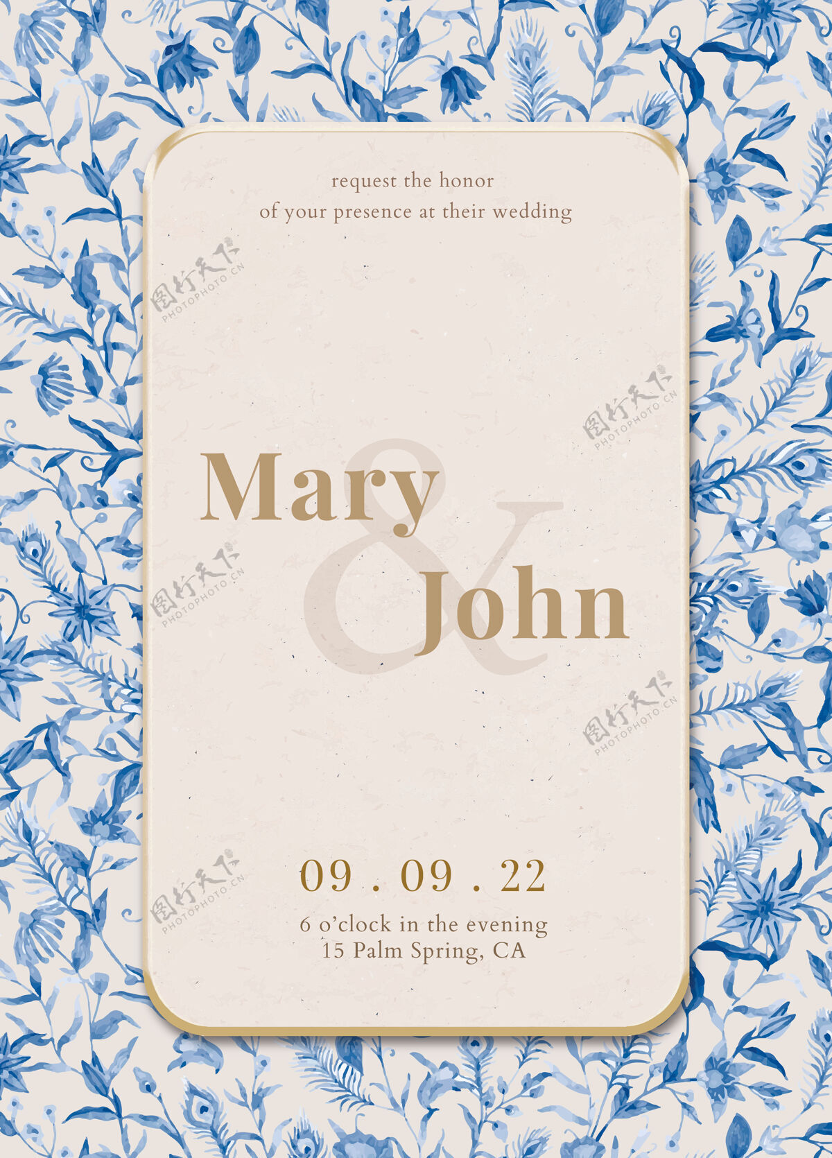 装饰品可编辑的邀请卡模板与水彩孔雀和鲜花插图保存日期相框婚礼请柬