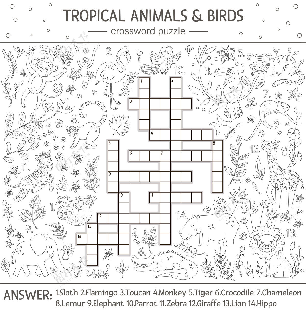 幼儿园夏季填字游戏智力测验热带动物和鸟类儿童教育黑白丛林活动 可爱搞笑角色乐趣儿童彩页大象火烈鸟猴子
