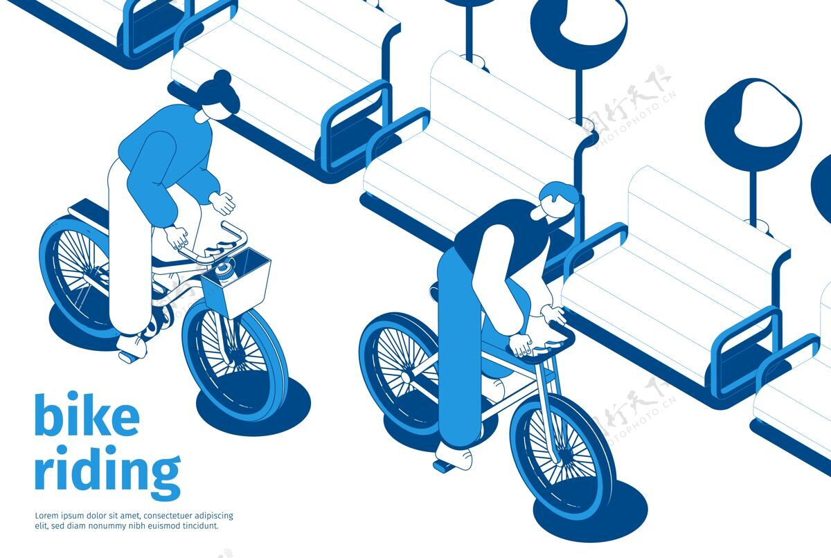 长凳两个人骑自行车等距组成二自行车蓝色