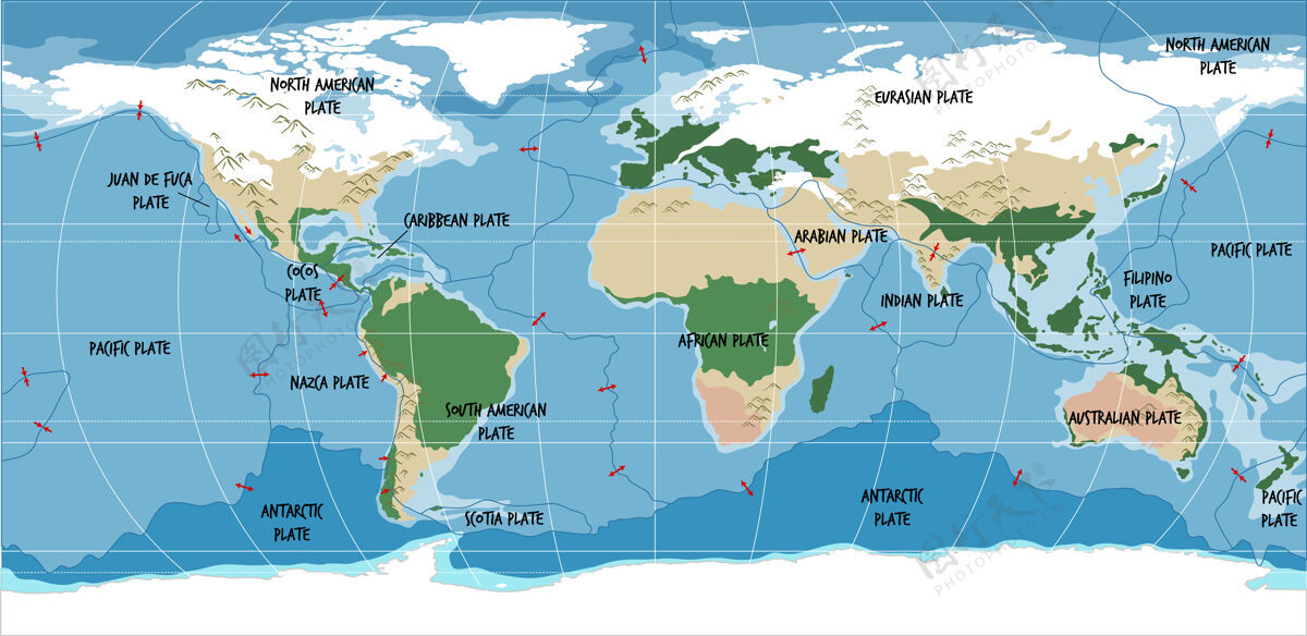字体显示板块边界的世界地图陆地地图美国