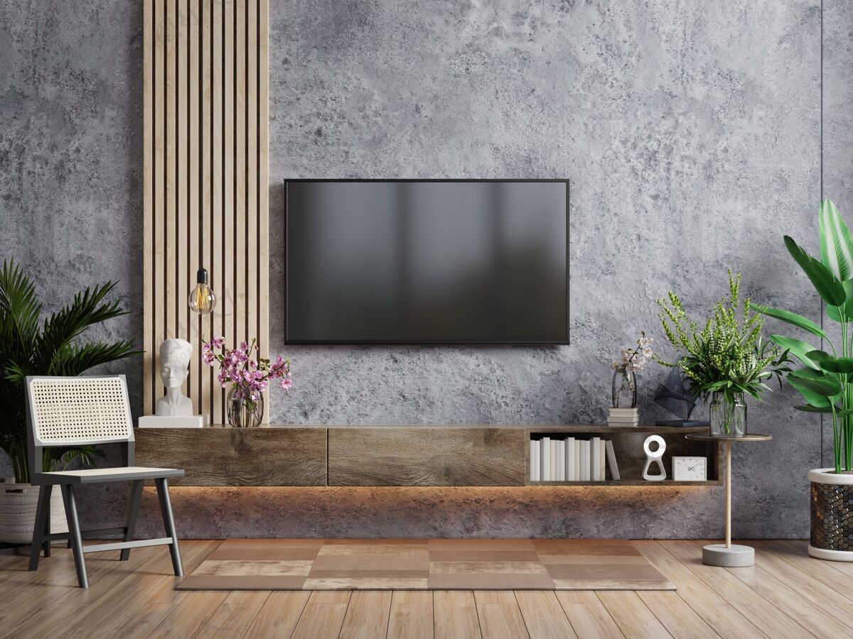木头现代客厅的电视 扶手椅和混凝土墙背景上的植物 3d渲染桌子空的优雅