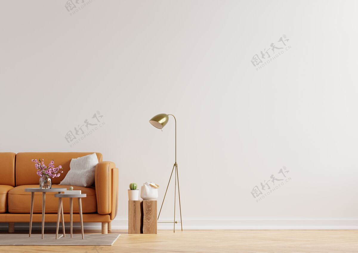 木头客厅内墙采用暖色调 白色墙壁背景上有真皮沙发3d渲染客厅墙家具