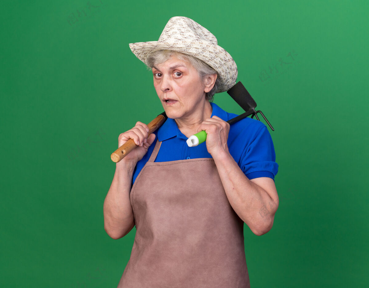 耙焦虑的上了年纪的女园丁戴着园艺帽 肩上扛着耙子和锄头耙子老人园急