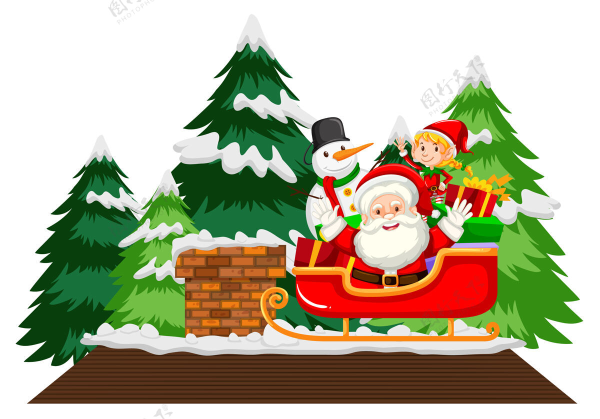 基督圣诞老人带着许多礼物坐在白色的雪橇上系列欢乐人物