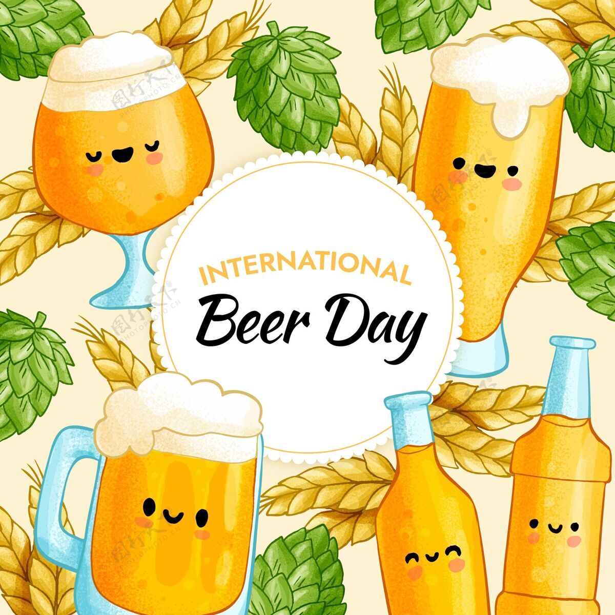 国际手绘国际啤酒日插画全球酒精啤酒