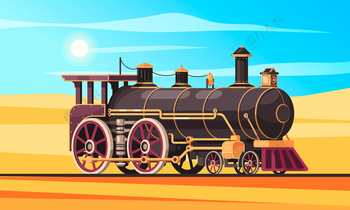 驾驶古老的交通组成与沙漠景观沙和阳光灿烂的天空与铁路和经典的蒸汽机车铁路移动过去