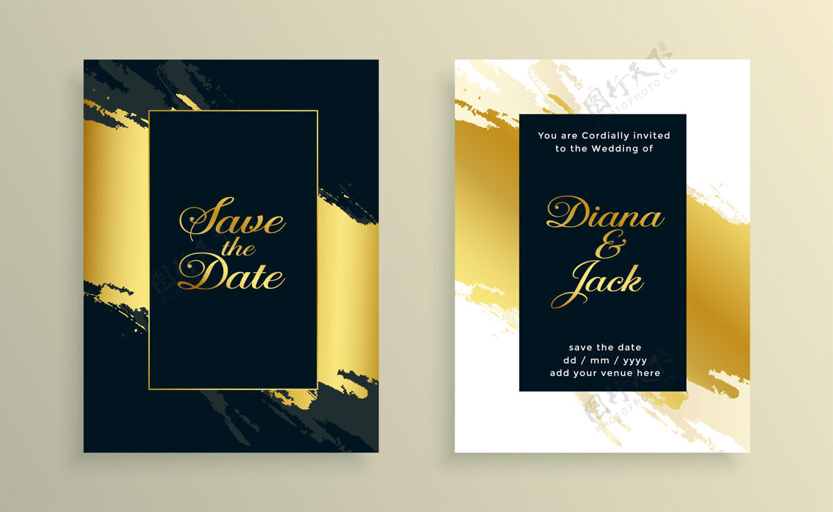 典雅漂亮的金色水彩结婚卡设计金色婚礼请柬省时