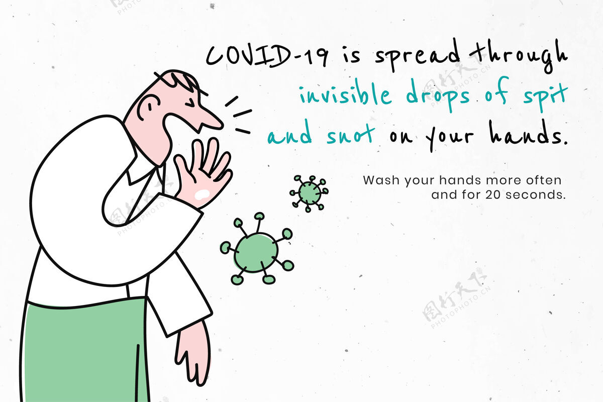 文字Covid-19通过不可见的液滴传播Covid-19信息消毒清洁个人卫生