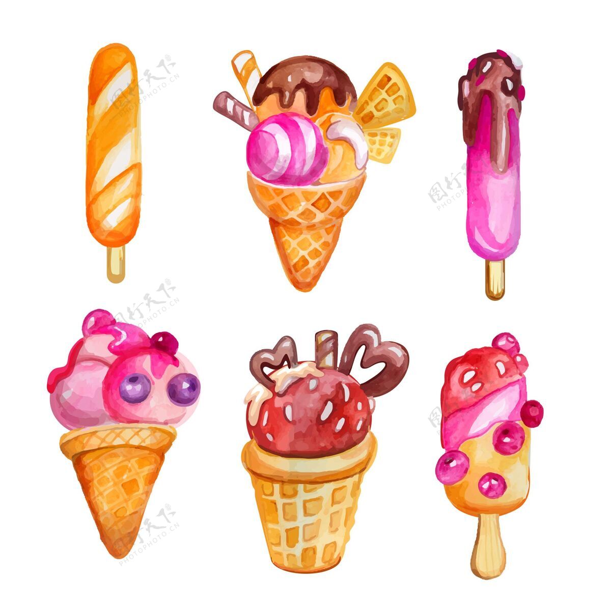 收藏手绘水彩画冰淇淋系列食品包装糖果