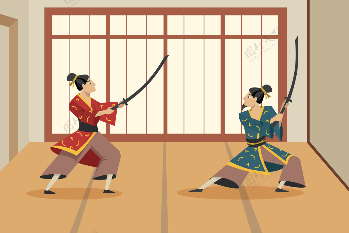 古代两个卡通武士角色用剑互相战斗平面插图亚洲武士穿着传统和服 站在战斗姿势亚洲 武士 战斗 文化概念男人运动概念