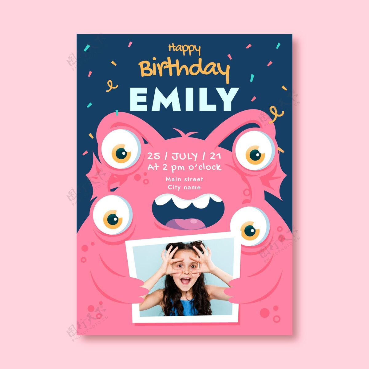 平面设计怪物生日邀请与照片模板准备打印小孩生日派对请柬模板