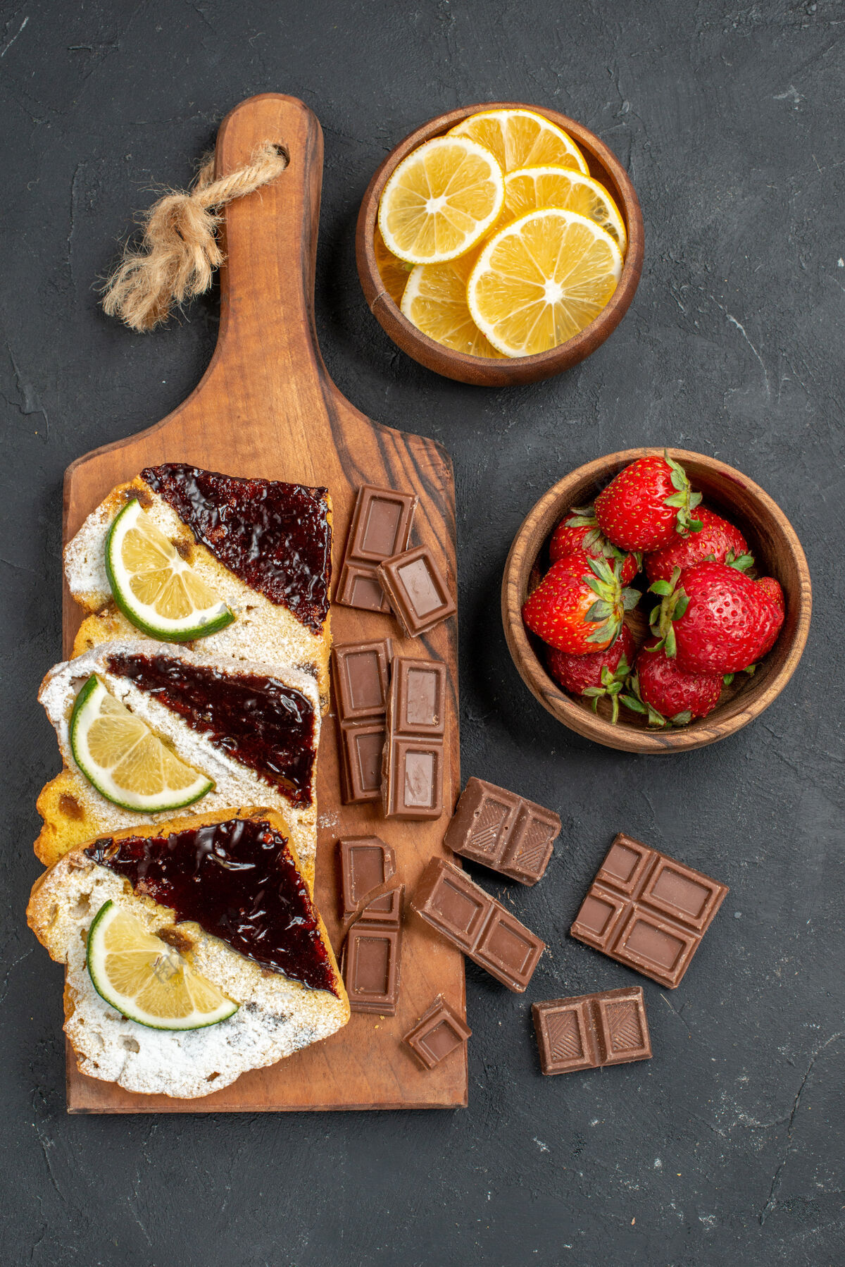 盘子俯瞰美味的蛋糕片与巧克力和水果在黑暗的表面巧克力甜点托盘