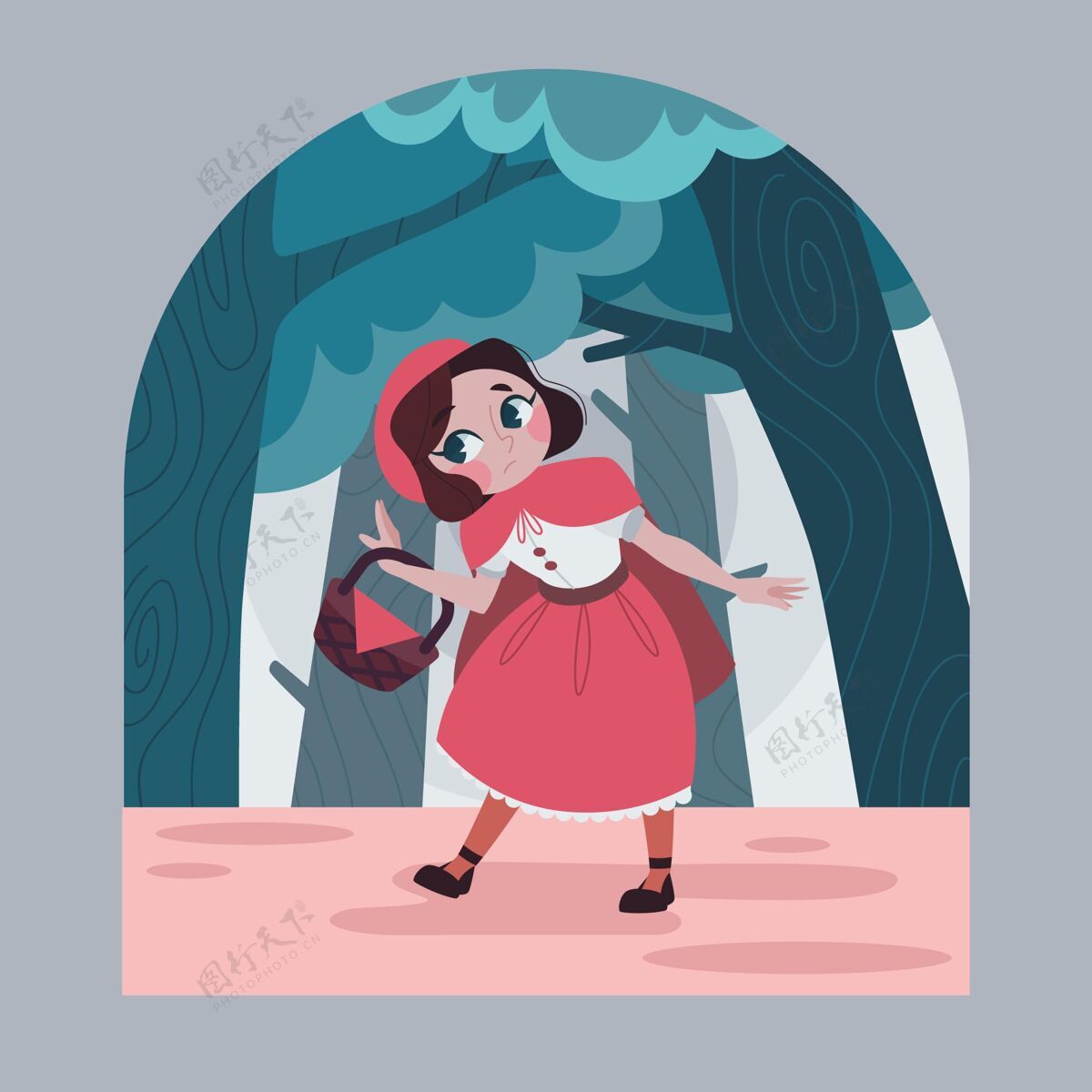 篮子平面设计小红帽故事插图幻想散步女孩