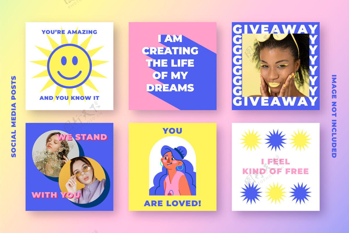 报价instagram的现代社交媒体帖子集 采用酸性颜色 带有励志语录和女性女权主义时装设计销售
