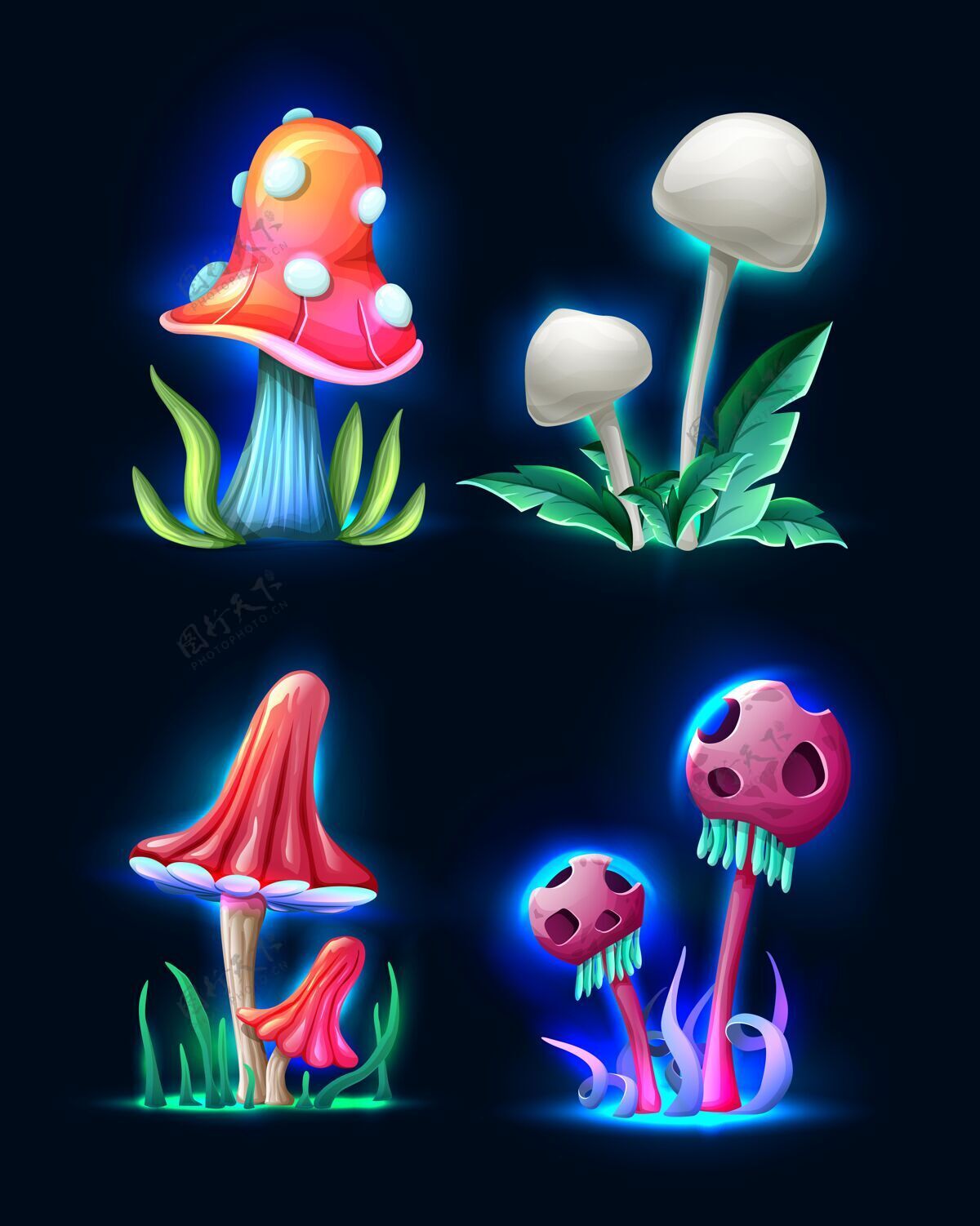 光泽收集矢量卡通风格的神奇奇幻蘑菇在黑暗中发光隔离在白色外星人森林幻想