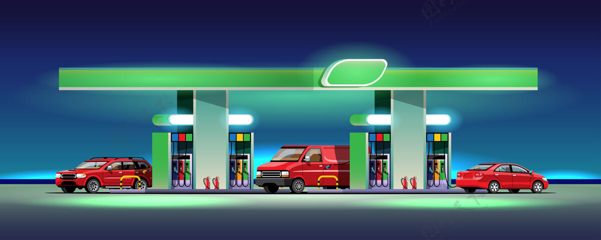 技术汽车和货车停在加油站加油柴油快乐加油站
