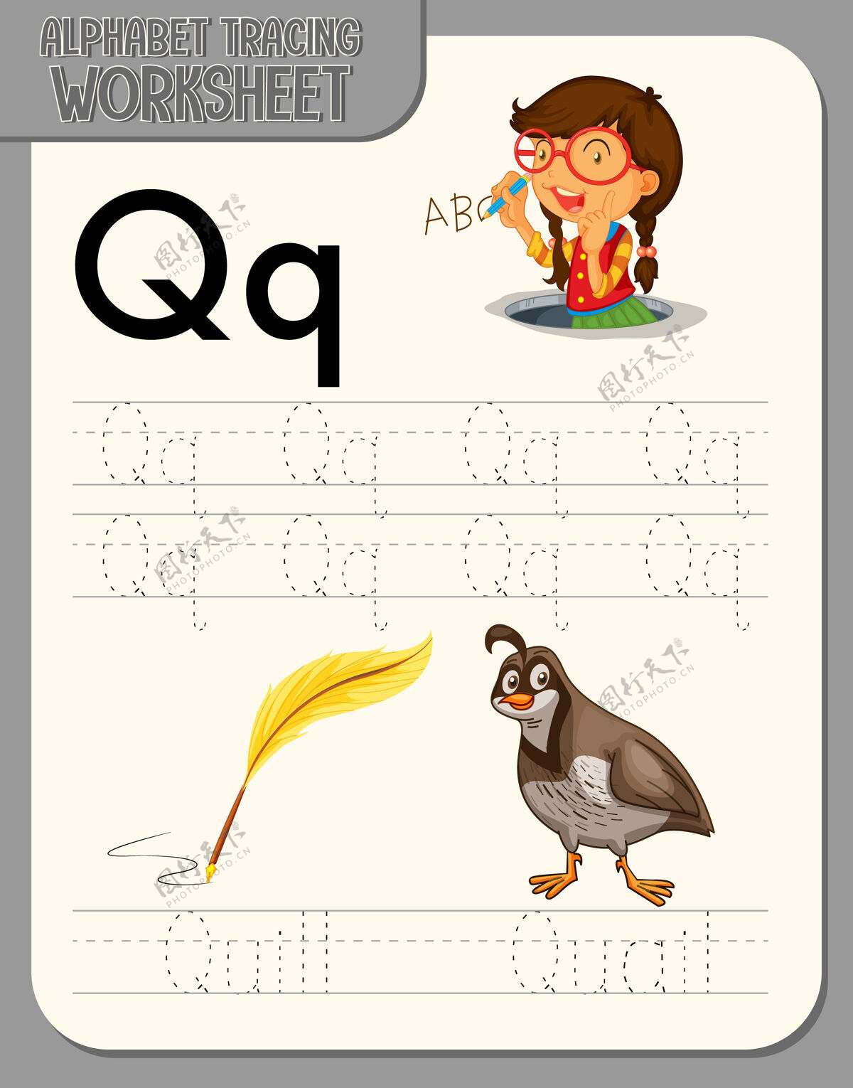 小鸟字母表跟踪工作表与字母q和q单词英语单子