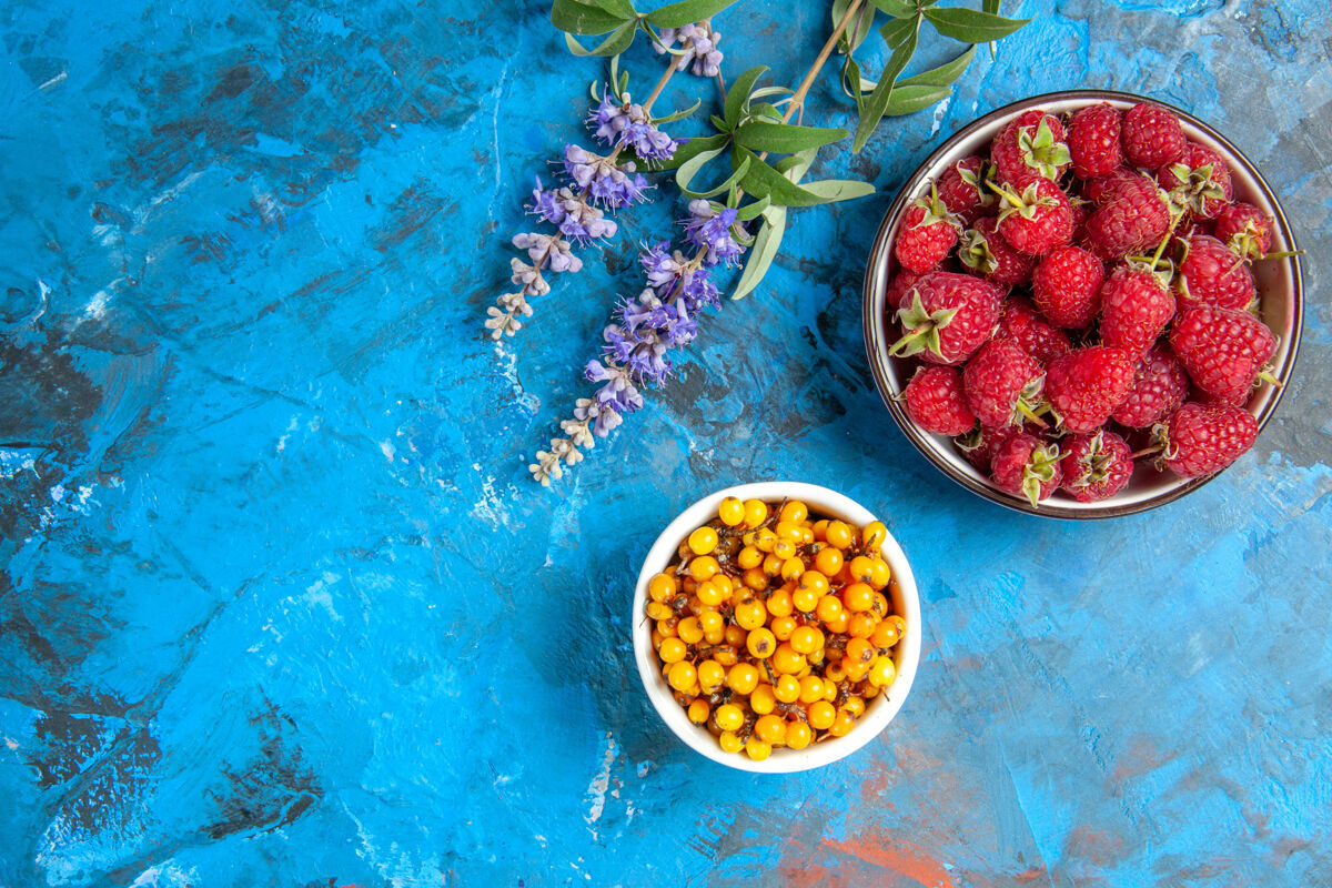 醋栗沙棘碗的俯视图蓝莓碗的表面碗浆果健康