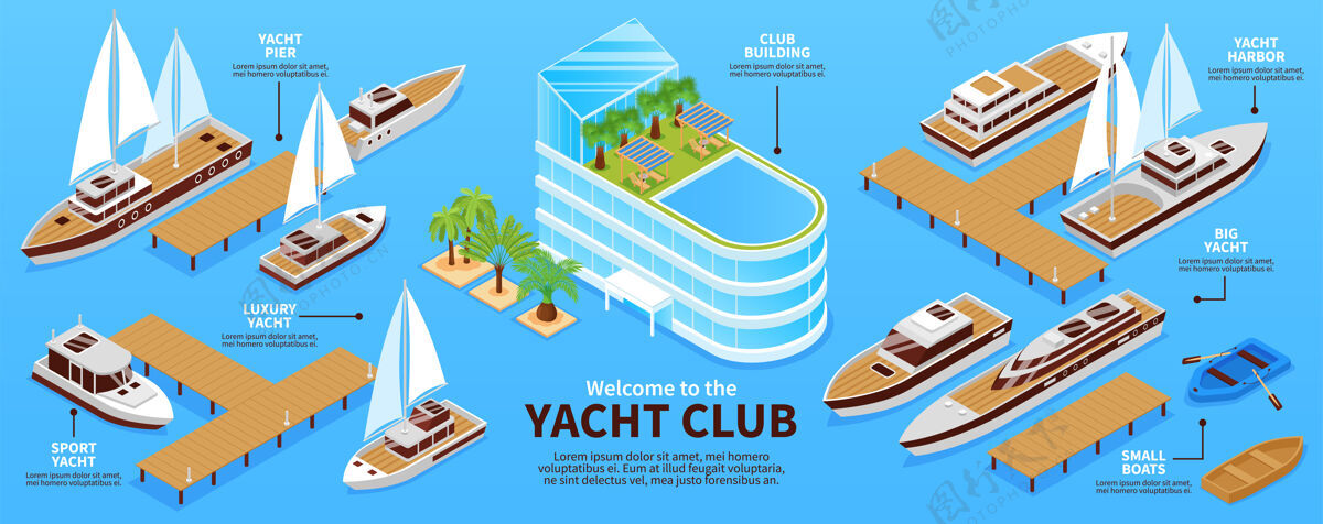 游艇各种类型的船和蓝色等距插图上的俱乐部建设的信息图三维海洋码头