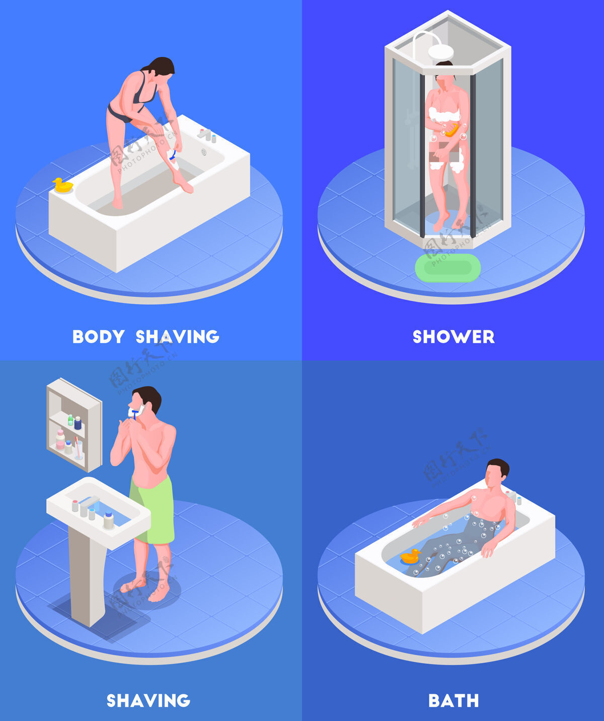 卫生个人卫生概念等距图标集洗澡和剃须符号隔离清洁女士概念