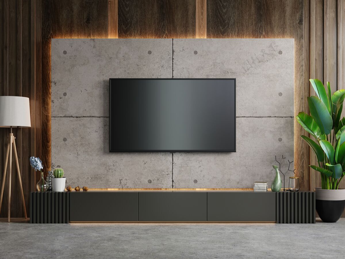 电视电视柜在现代客厅的水泥墙上 3d渲染地板空白休息室