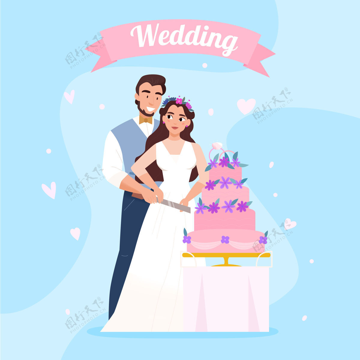 刀婚宴美丽构图与新郎新娘一起切块结婚蛋糕鲜花蓝色派对