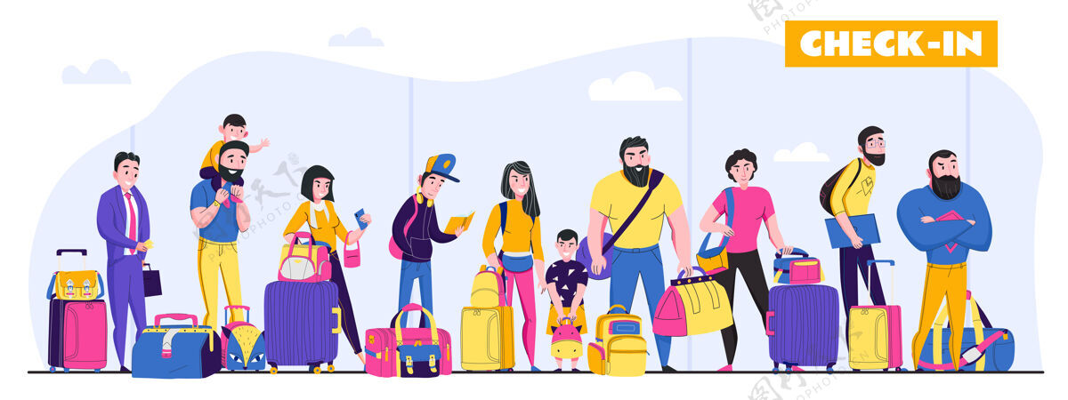 度假家庭度假横插画家庭旅游排队