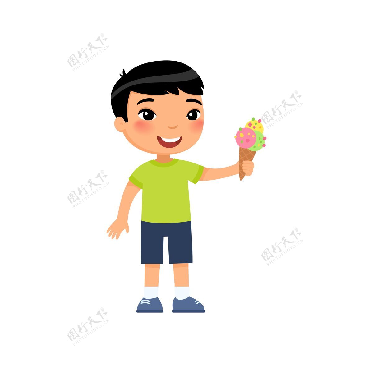 男孩可爱的亚洲男孩拿着冰激凌 手里拿着清爽的冰淇淋和华夫蛋卷新鲜威化饼卡通