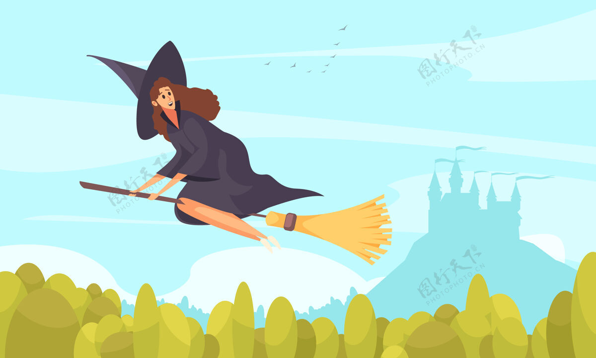 童话童话书：巫婆骑着扫帚飞的平面插图城堡扫帚人