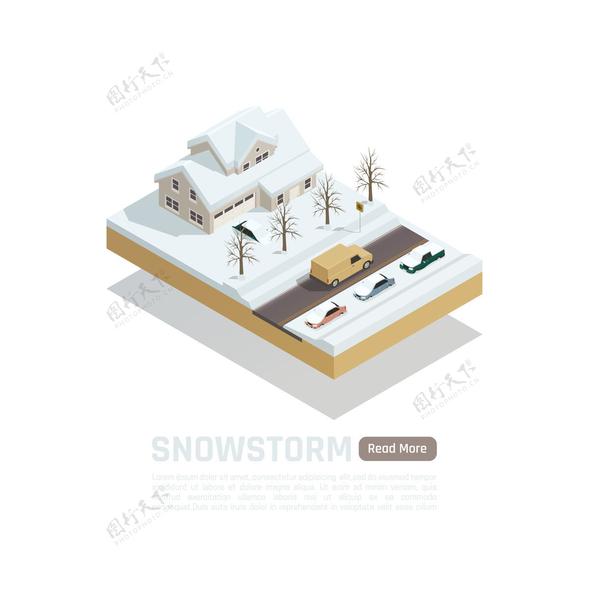 等距等距彩色自然灾害与暴风雪和积雪覆盖的道路和房屋组成雪构图颜色