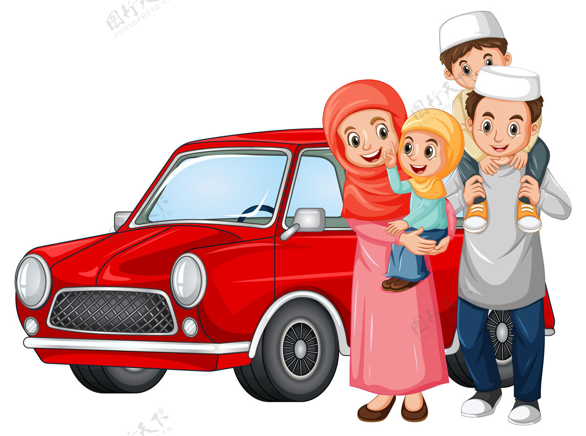 可爱车旁边是穆斯林家庭儿子头巾汽车