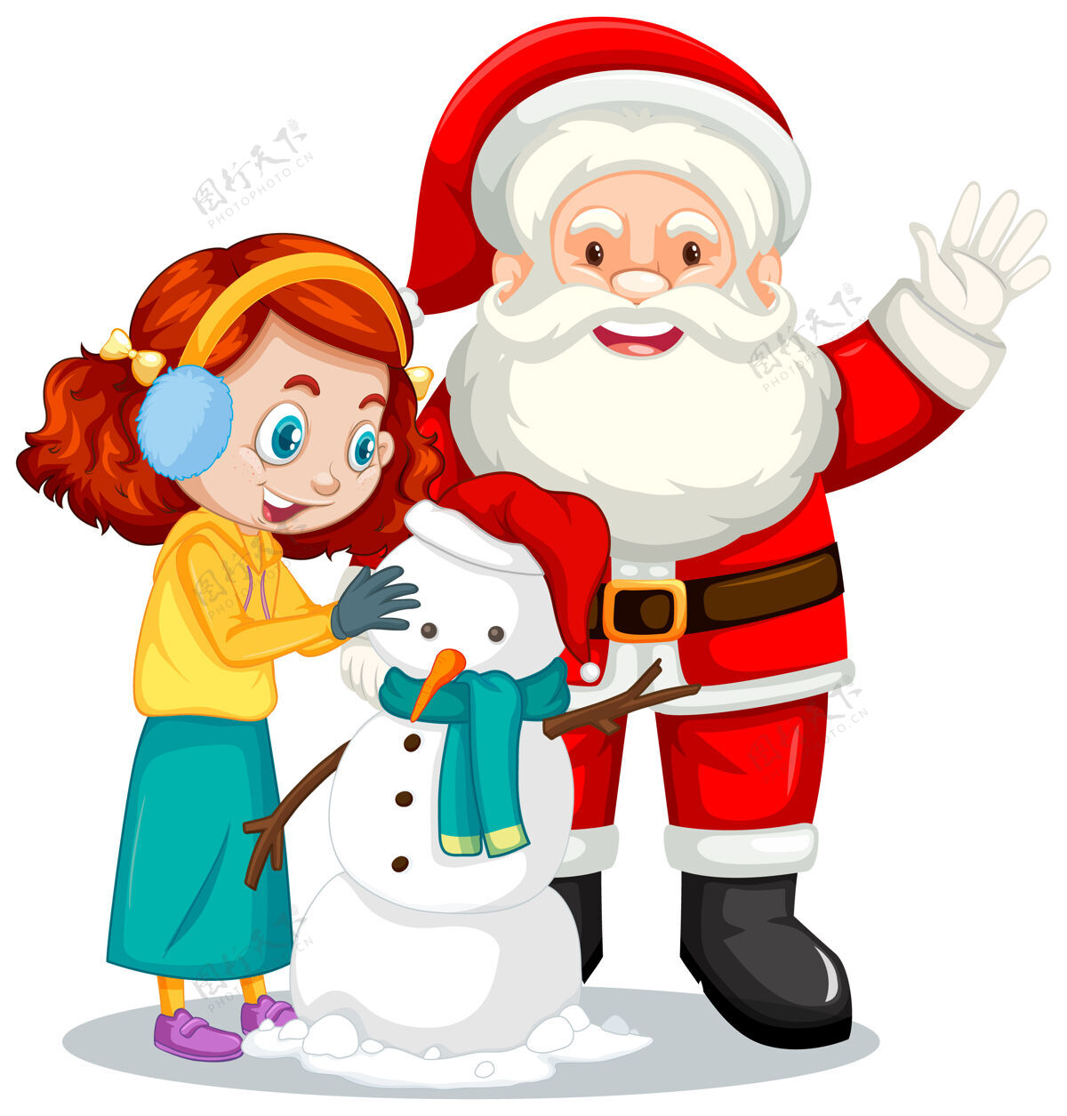 红色圣诞老人和女孩一起创造了一个雪人卡通人物人圣诞老人小