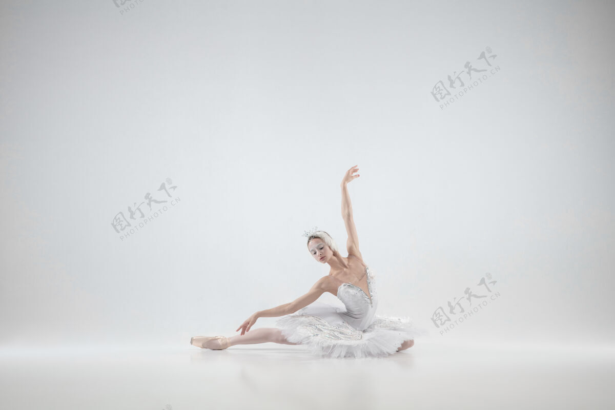 表演年轻优雅的经典芭蕾舞演员在白色背景下跳舞芭蕾舞牛奶戏剧