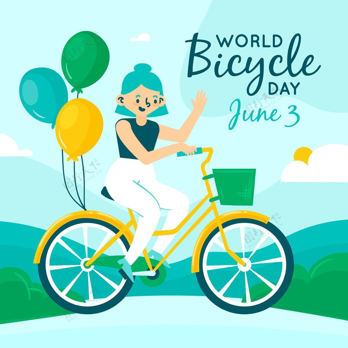 手绘手绘世界自行车日插图清洁骑自行车国际