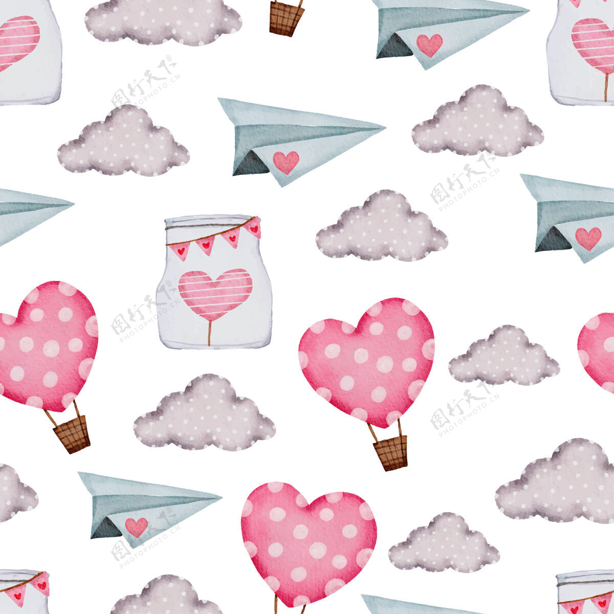 浪漫情人节无缝图案 云朵 气球气球心收藏