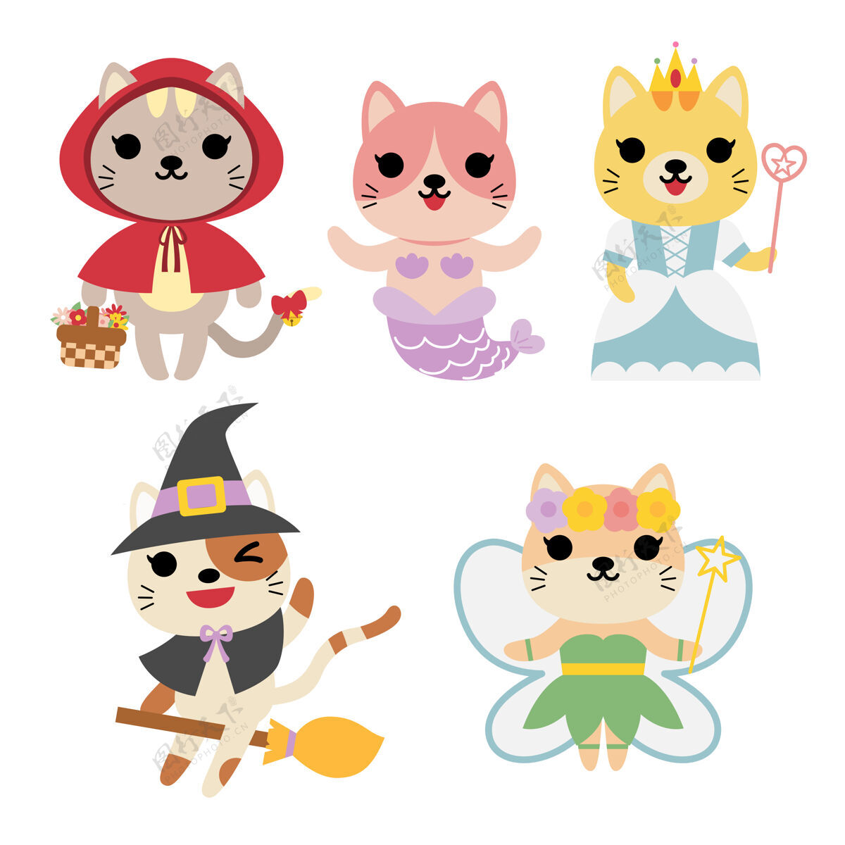 欢乐收集不同服装的猫：女巫 美人鱼 牙仙子 公主卡通猫女巫