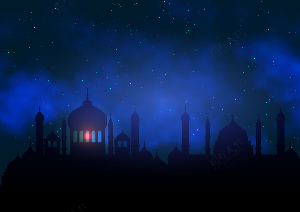 背景阿拉伯背景与清真寺剪影映衬夜空文化宗教灯笼
