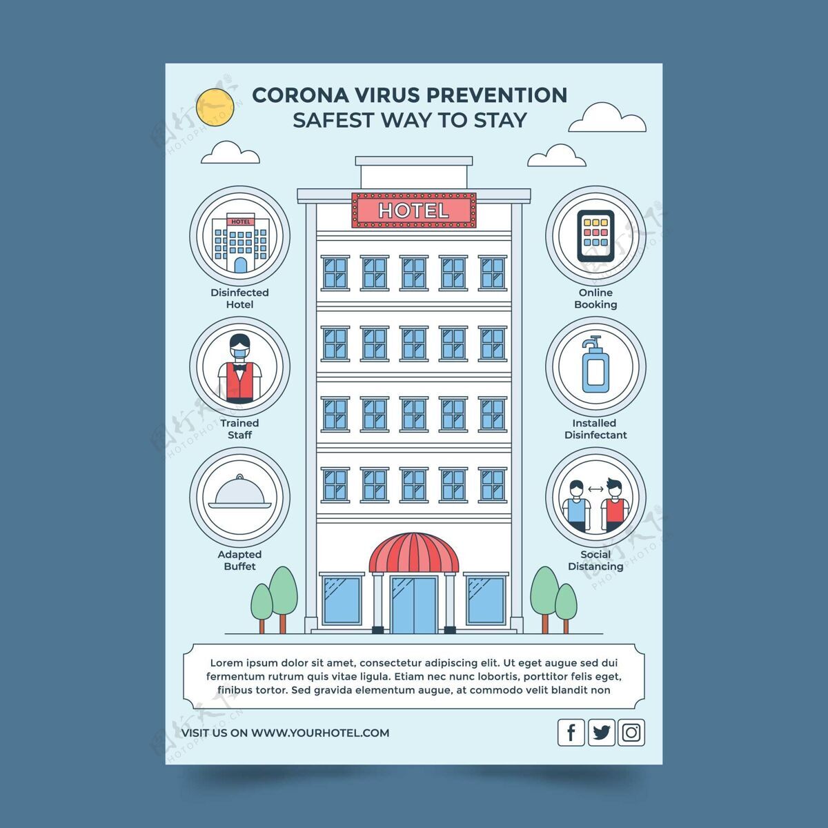 危险酒店防冠状病毒平面设计海报健康病毒酒店