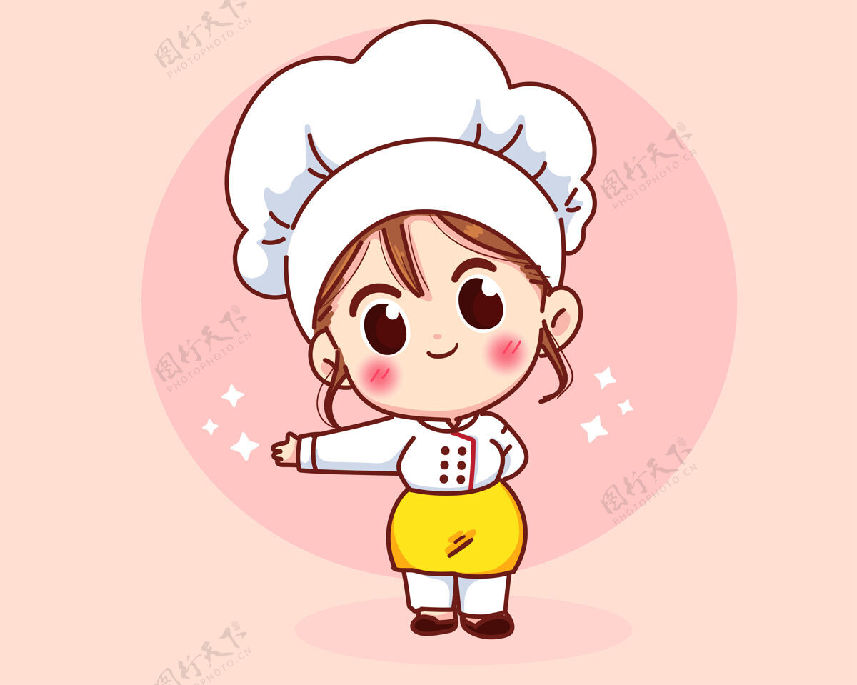 制服可爱的厨师女孩微笑着制服欢迎和邀请他的客人卡通艺术插画厨房烹饪美食家
