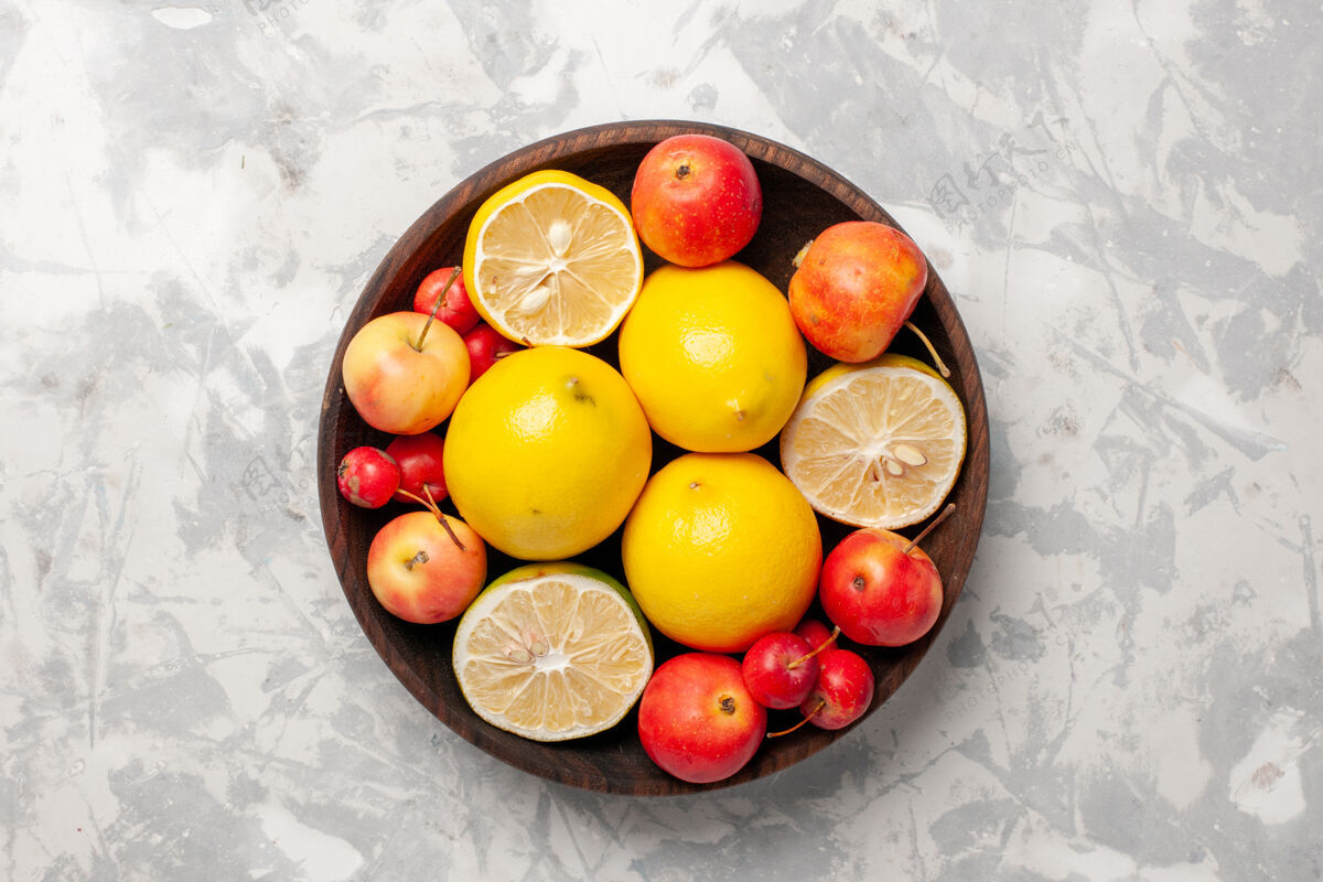 番茄顶视图新鲜柠檬整个和切片的空白空间柑橘生的可食用水果