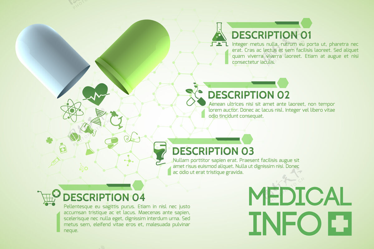 医药医疗设计海报与原来的药用胶囊组成的绿色和白色部分套装传单胶囊