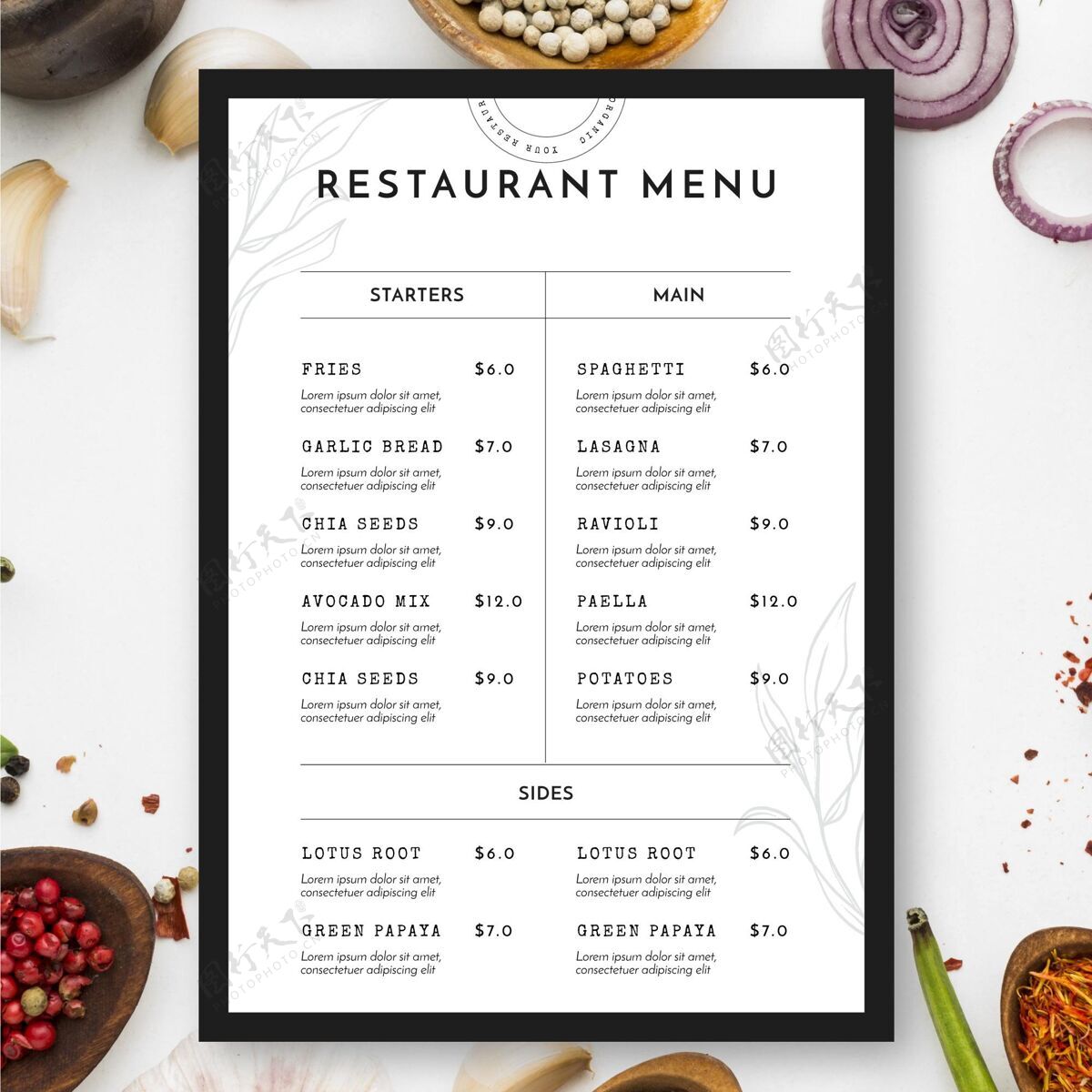 美食俯瞰餐厅菜单和食物餐厅菜单平面布置准备印刷