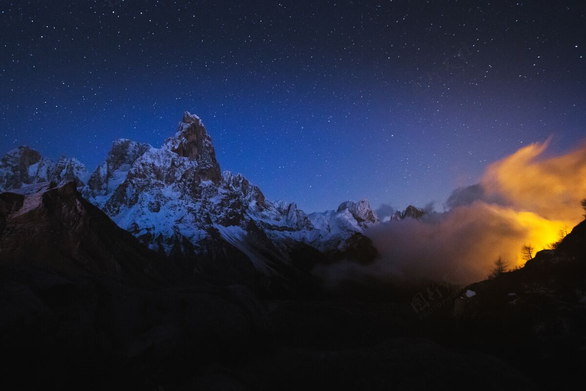 向上落基山脉的美丽照片 背景是繁星点点的夜空自然天空山