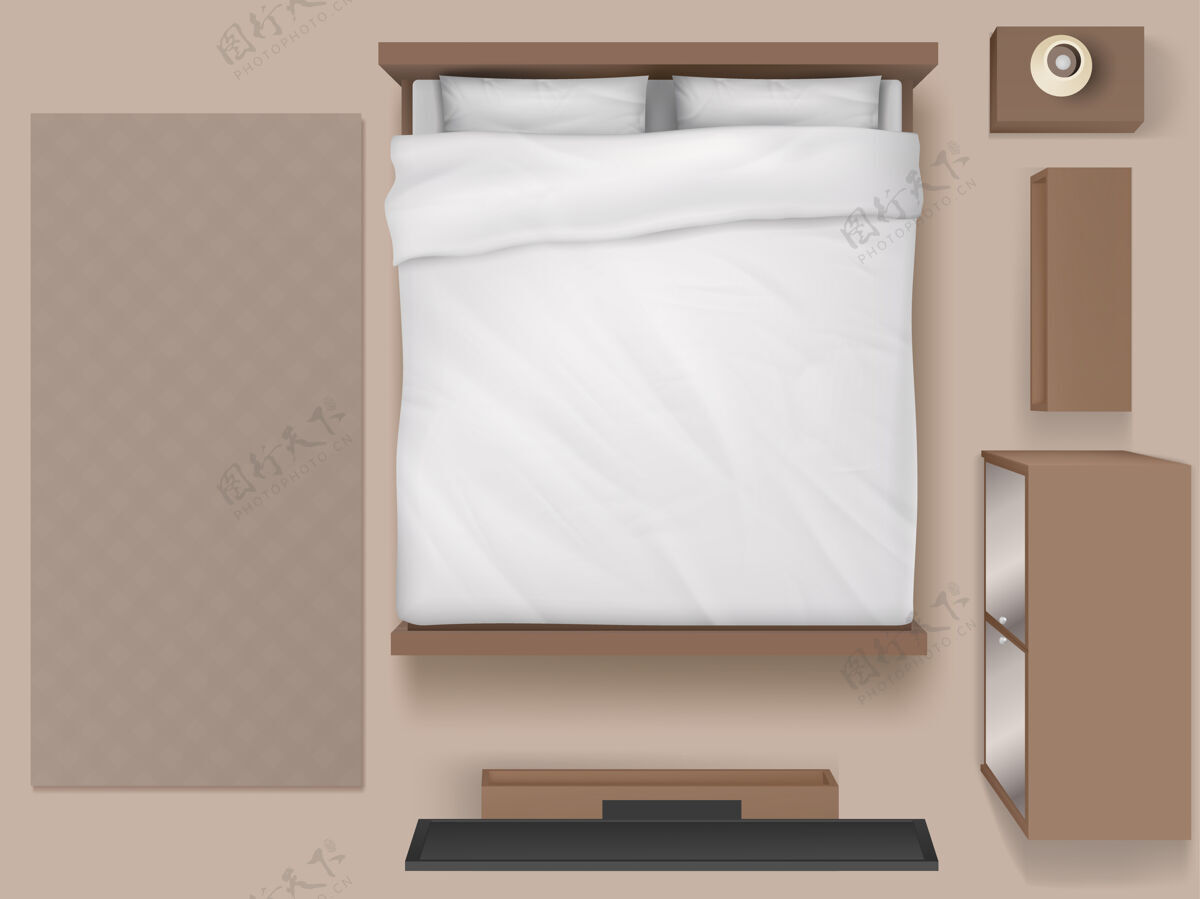 现实卧室室内顶视图现代d家或酒店亚麻布休息室设计师