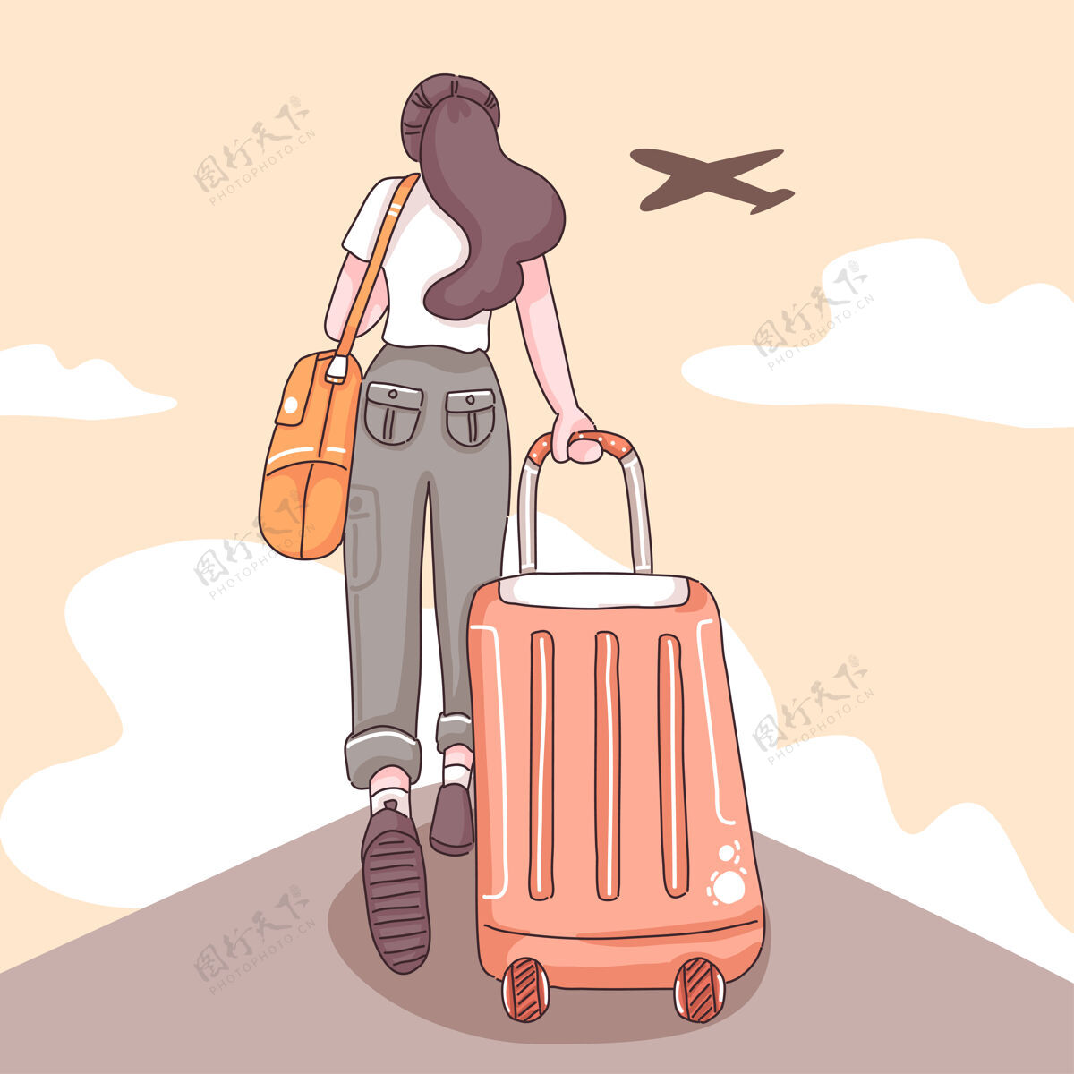 旅行一位女游客背着长长的头发拖着手提箱 飞机和云朵上的卡通人物 平面插图旅行位置青少年
