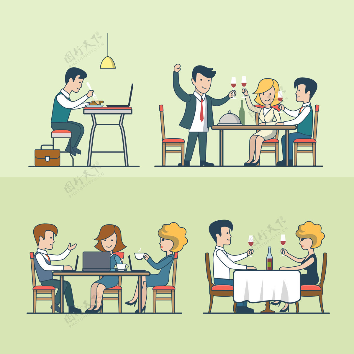 晚餐线性平面人在餐厅插画集食品和饮料的概念晚餐 庆祝活动 晚餐 午餐和商人 女商人葡萄酒午餐团队