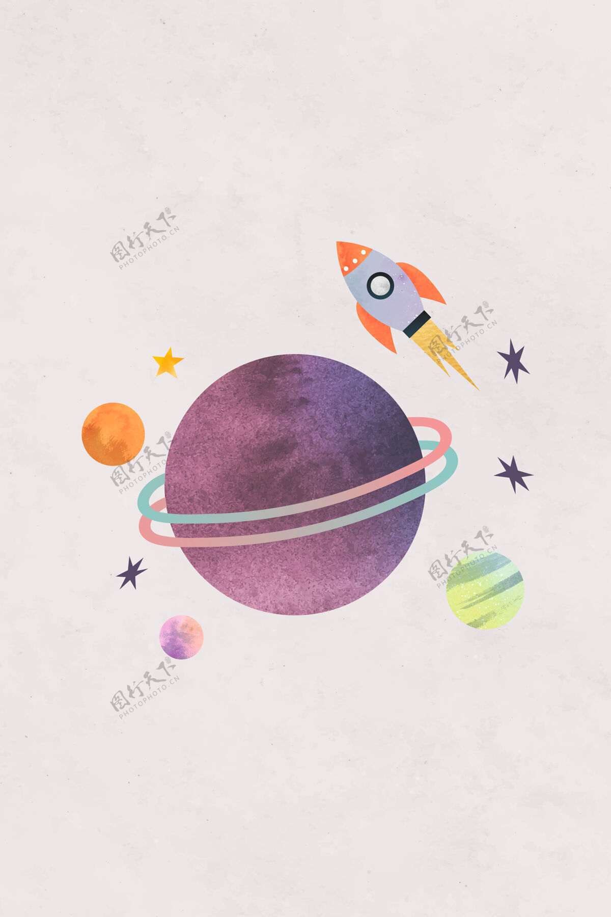 彗星彩色银河水彩涂鸦与火箭粉彩背景幼稚银河系2d