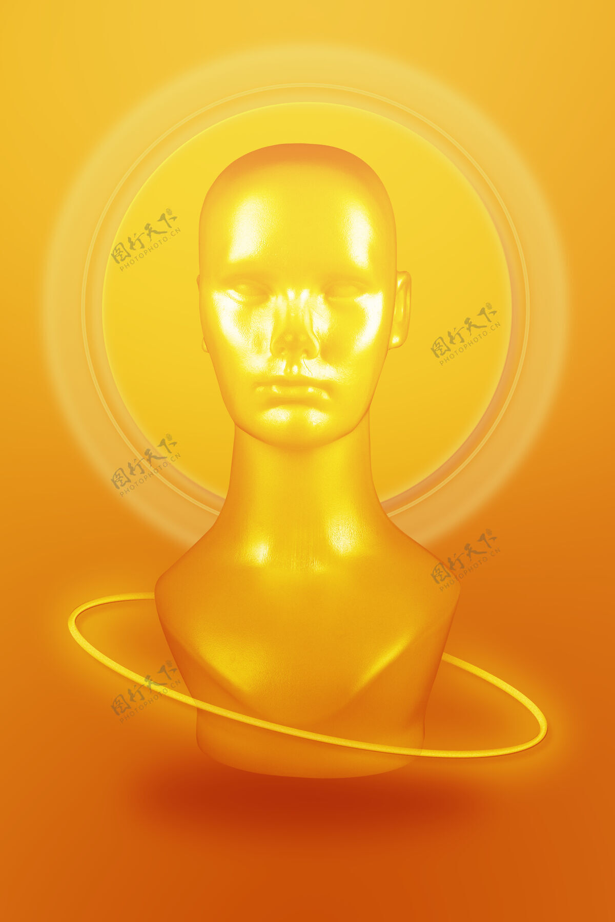 人体模型橙色背景上的黄色假人头圆形环头