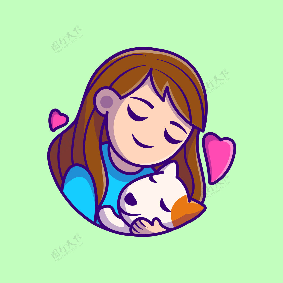 动物可爱的女孩拥抱狗卡通插图平面卡通风格快乐家庭小狗