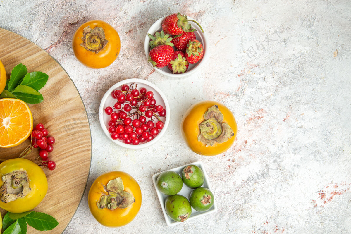 一餐顶视图水果组成不同的水果上一个白色的表颜色浆果水果新鲜成熟食品蔬菜浆果